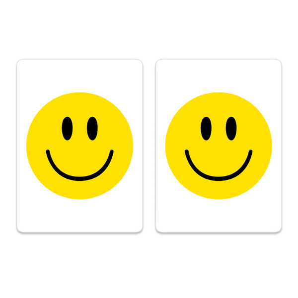 Two high-quality Canasta Sets cards, each featuring a centered yellow smiley face with black oval eyes and a curved black smile, perfect for adding fun to any card game or enhancing your Canasta Card Sets collection.
