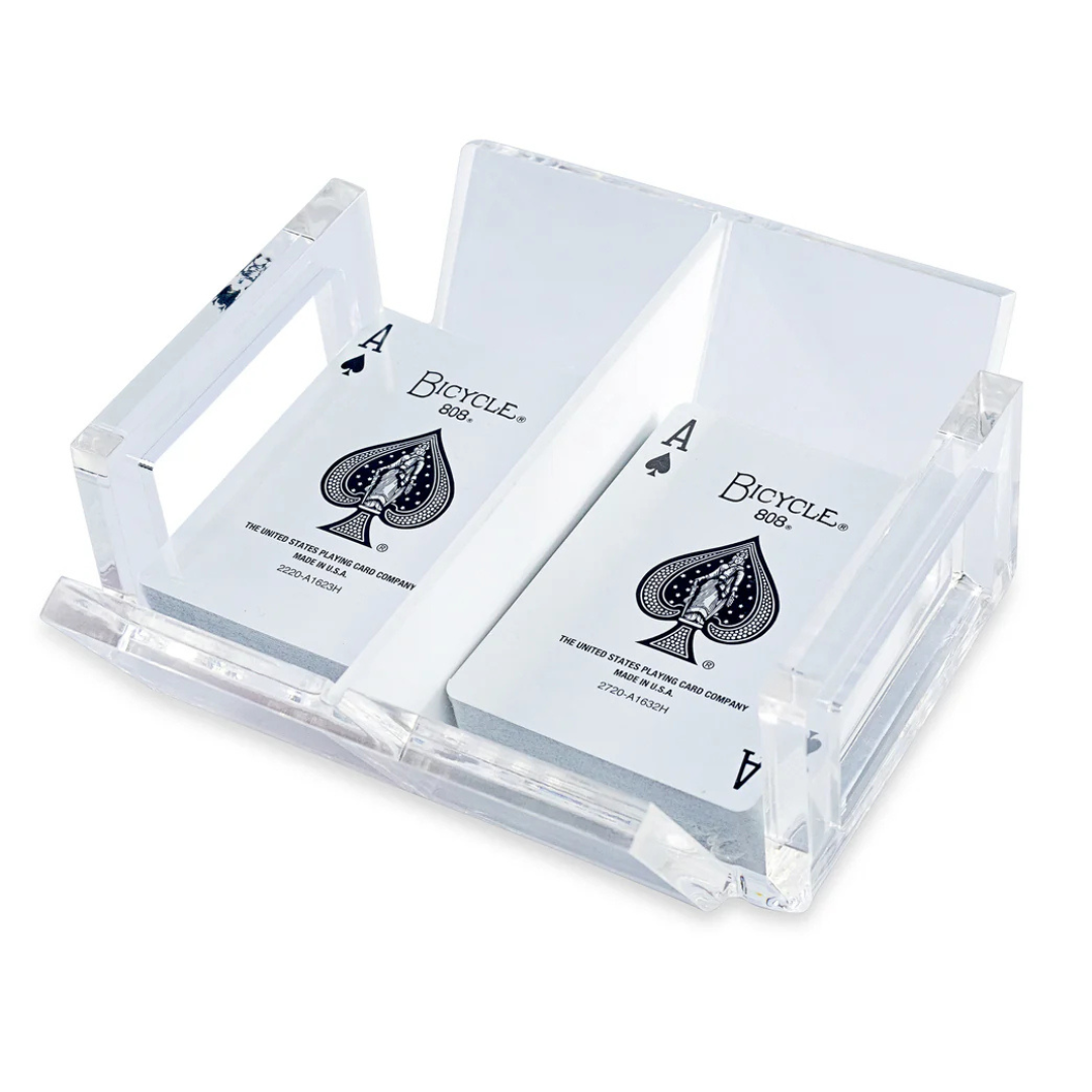 The Luxe Dominoes El Canasta Tray holds two decks of Bicycle playing cards, each displaying the Ace of Spades—a perfect game night accessory.