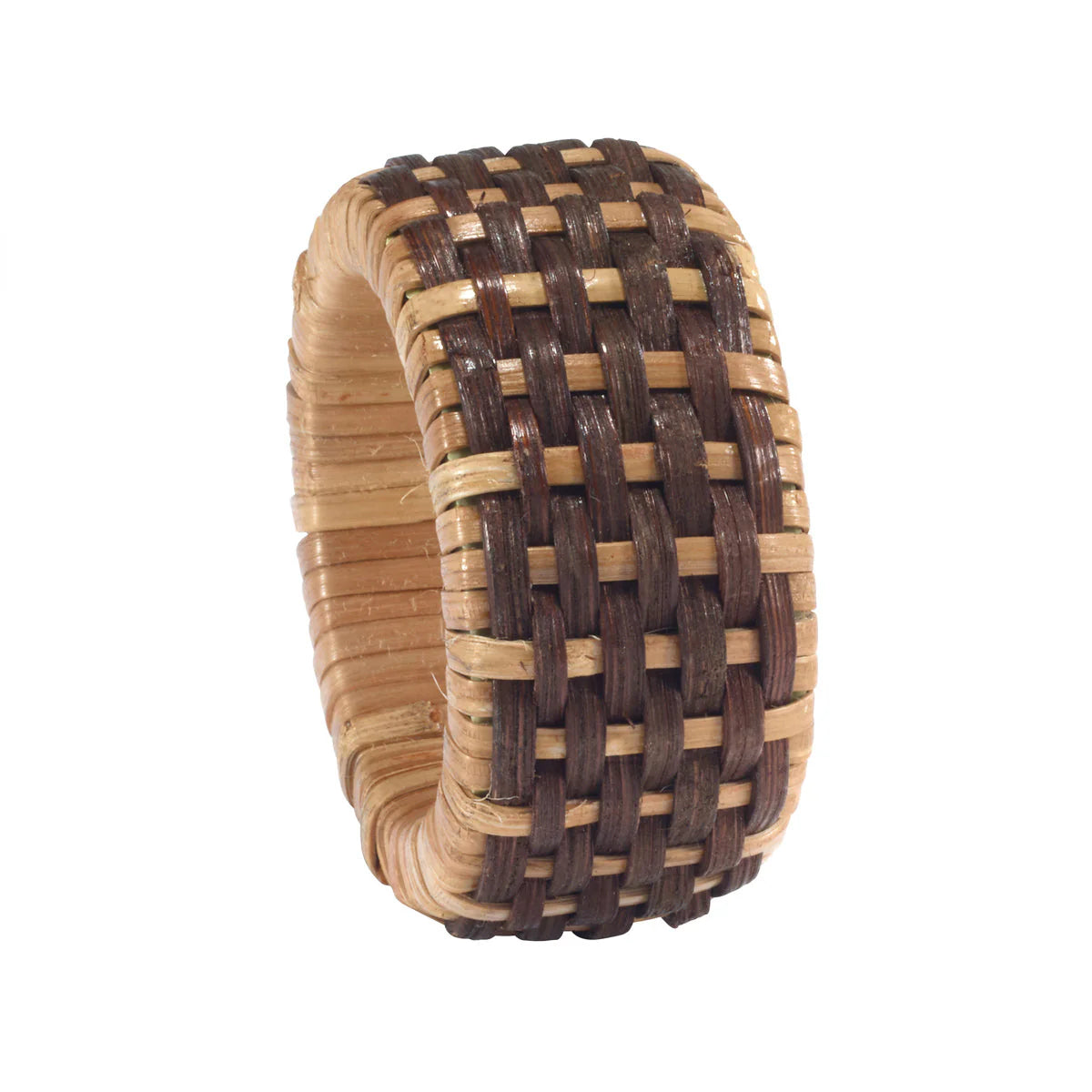 The Bodrum Cane Napkin Ring Set of 4 features wide basket-weave rings crafted from alternating light and dark natural fibers with a checkered, rustic handcrafted look—ideal for adding charm to your table decor.