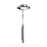 The Capdeco Conty Soup Ladle Grey is crafted from 18/10 stainless steel, featuring a deep round bowl and long handle with a marble-like grey pattern and metallic accents, shown on a white background.