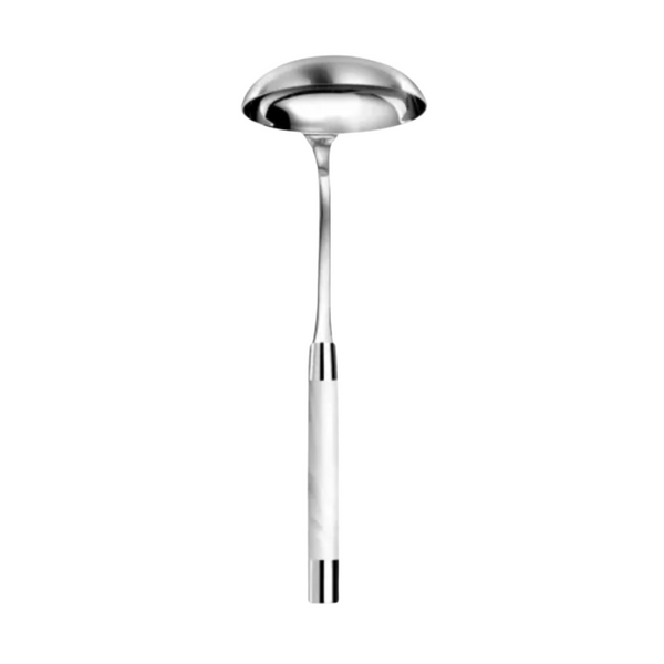 The Capdeco Conty Soup Ladle White, made of 18/10 stainless steel with a deep round bowl and long handle, highlights elegant French flatware design.