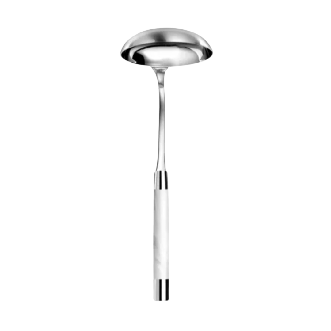 The Capdeco Conty Soup Ladle White, crafted from 18/10 stainless steel, features a shiny round bowl and long handle—elegant French flatware shown isolated on a white background.