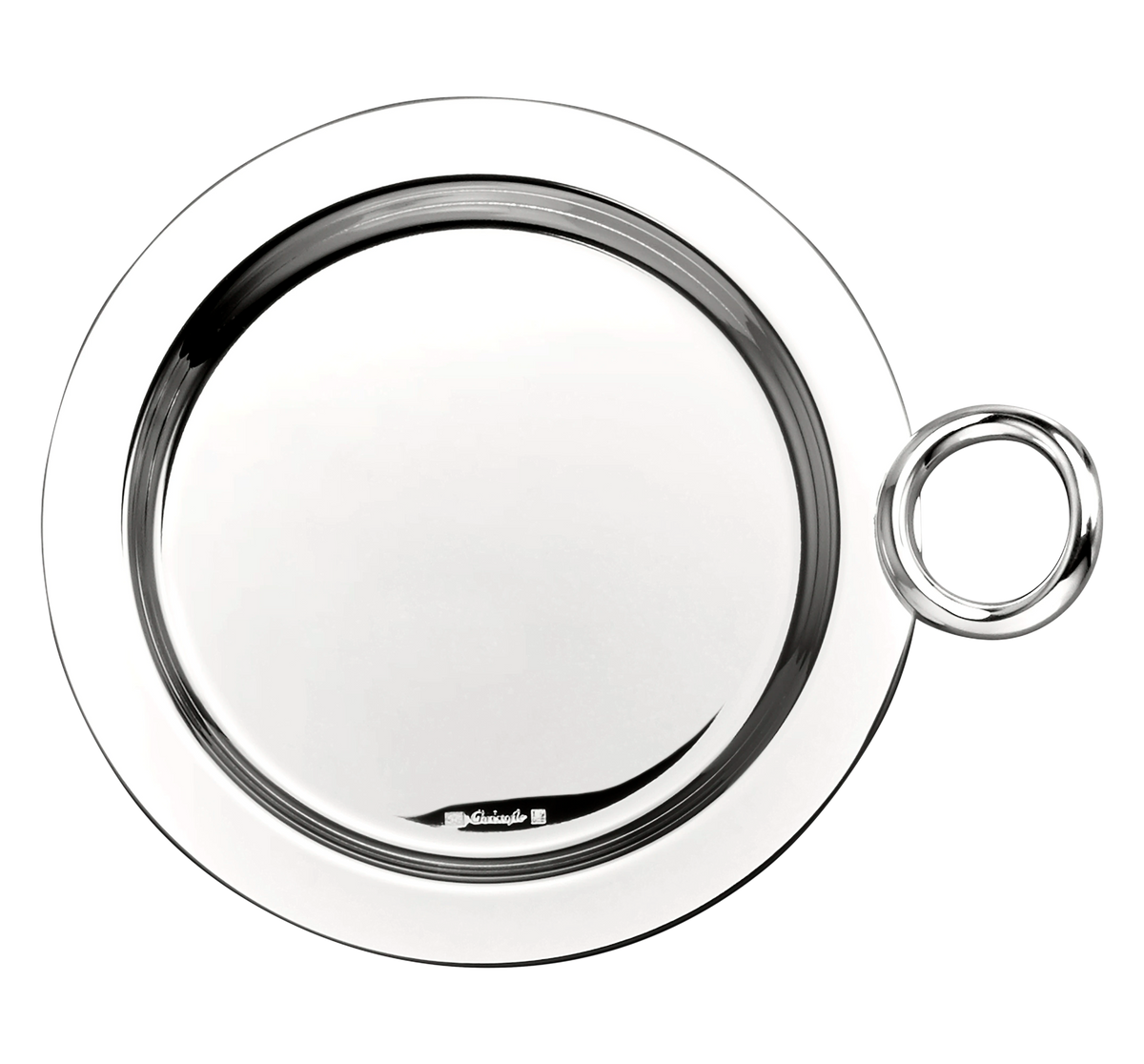 Christofle Vertigo Silver-Plated Bottle/Carafe Coaster, a circular silver-plated coaster in the Vertigo pattern, featuring a raised rim and an attached circular handle.