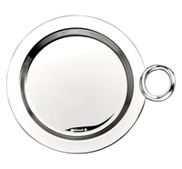 Christofle Vertigo Silver-Plated Bottle/Carafe Coaster, a circular silver-plated coaster in the Vertigo pattern, featuring a raised rim and an attached circular handle.