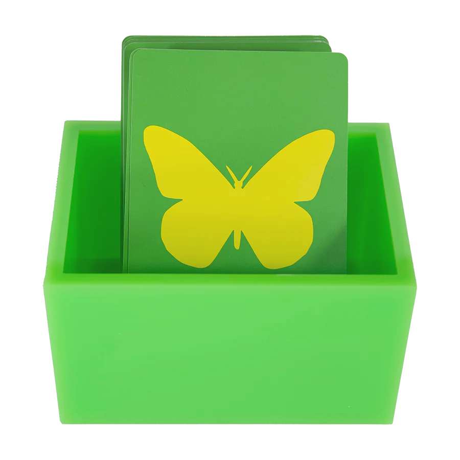The Canasta Sets Canasta 2 Deck Holder features a green box with green cards, topped by a bold yellow butterfly silhouette—ideal for your Canasta card games or as a stylish addition to any Canasta set.