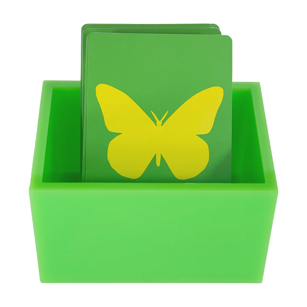 The Canasta Sets Canasta 2 Deck Holder features a green box with green cards, topped by a bold yellow butterfly silhouette—ideal for your Canasta card games or as a stylish addition to any Canasta set.