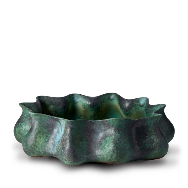 The Cenote Bowl Green Large by L'Objet features a green and black design with a wavy, rippled edge and mottled texture, shown against a white background.