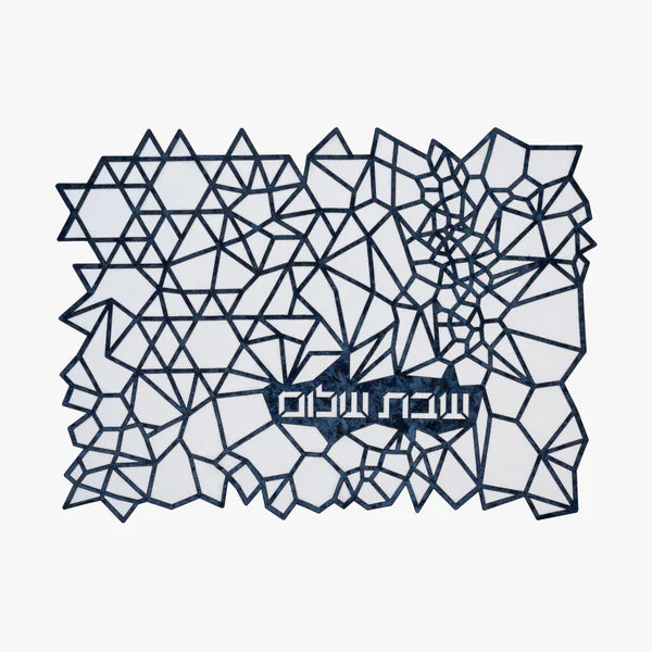 The Apeloig Geometric Challah Cover features dark blue abstract lines on white, forming irregular polygons with integrated Hebrew text, inspired by modern laser-cut designs.