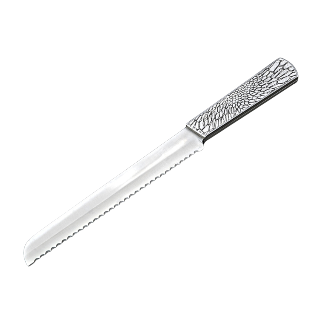 The Organic Lace Challah Knife Silver by Metalace Art features a serrated blade and a unique patterned metal lace handle—an elegant, one-of-a-kind wedding gift.