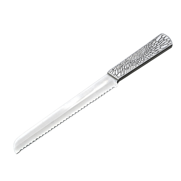 The Organic Lace Challah Knife Silver by Metalace Art features a serrated blade and a unique patterned metal lace handle—an elegant, one-of-a-kind wedding gift.