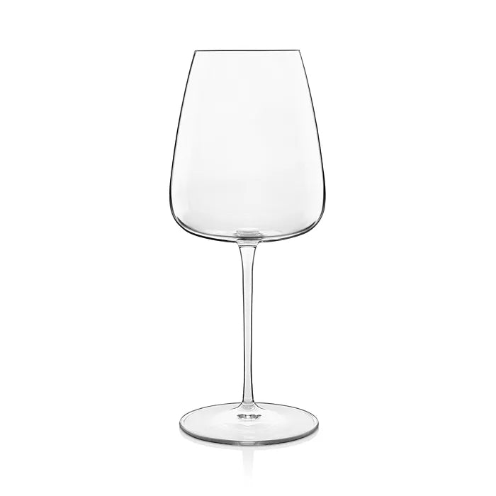 A clear, empty wine glass from the Luigi Bormioli Talismano Bar Collection Sets, featuring a thin stem and wide bowl, is displayed against a plain white background.