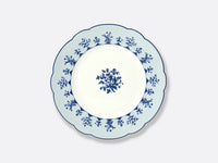 The Bernardaud Chateaubriand Dinnerware dessert plate features a scalloped edge with a blue floral rim and central bouquet, all on crisp white porcelain.