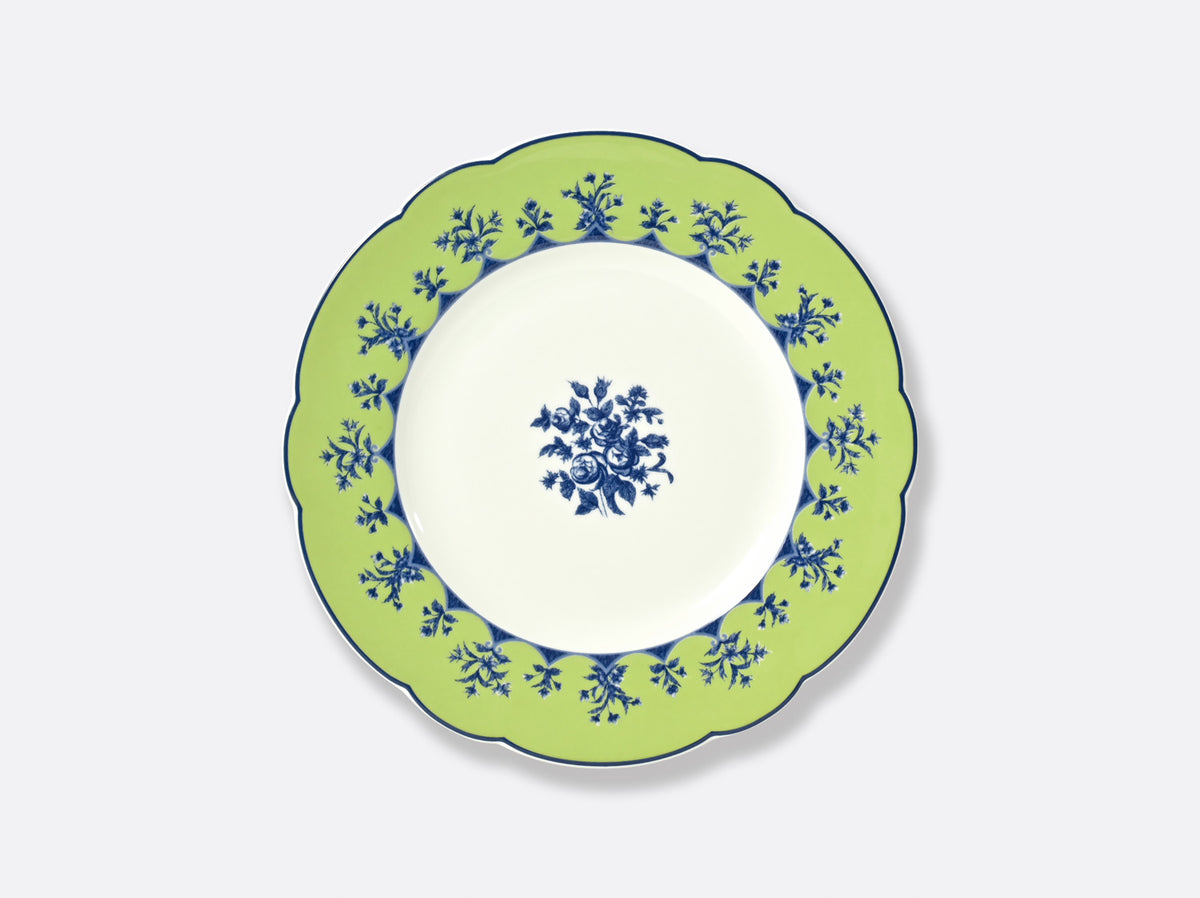 The Chateaubriand Dinnerware dessert plate by Bernardaud features a scalloped edge, light green border with blue floral accents, and a matching blue floral center on a white porcelain background.