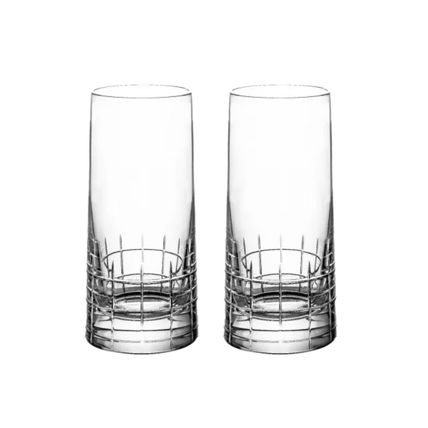 The Christofle Graphik Barware Set of 2 features tall, clear highball glasses with a geometric etched design—an elegant addition to any crystal glassware or silver metal barware collection from Christofle.