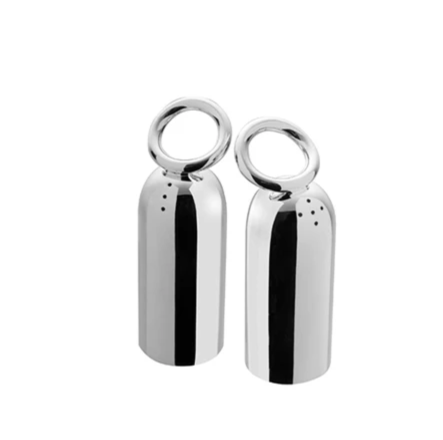 Two Christofle Vertigo Salt and Pepper Shakers by Christofle, featuring silver-plated finish, rounded tops, and large circular handles, stand upright on a white background.