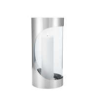 A lit white pillar candle glows inside the Georg Jensen Chrome Contours Hurricane 13", a modern cylindrical holder with silver accents and an open front—ideal for stylish, contemporary home lighting.