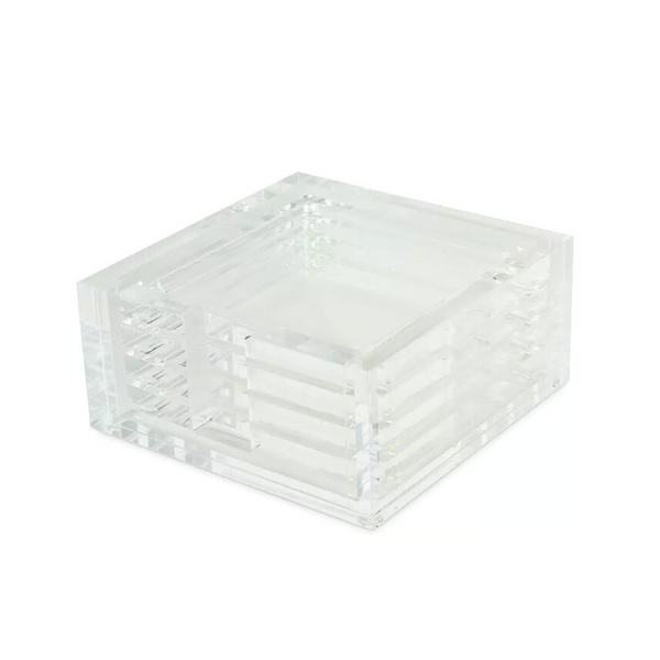 The Tizo Acrylic Coaster Set Clear features a modern, layered geometric design in a square acrylic box with no visible lid or contents, displayed on a white background.