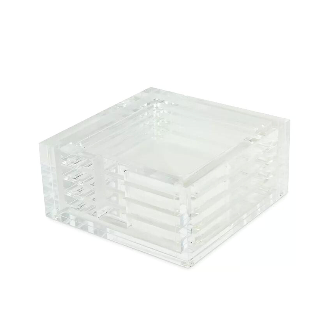 The Tizo Acrylic Coaster Set Clear features a modern, minimalist square box with visible layers, clean lines, and a removable lid—perfect for stylishly storing your acrylic coasters.