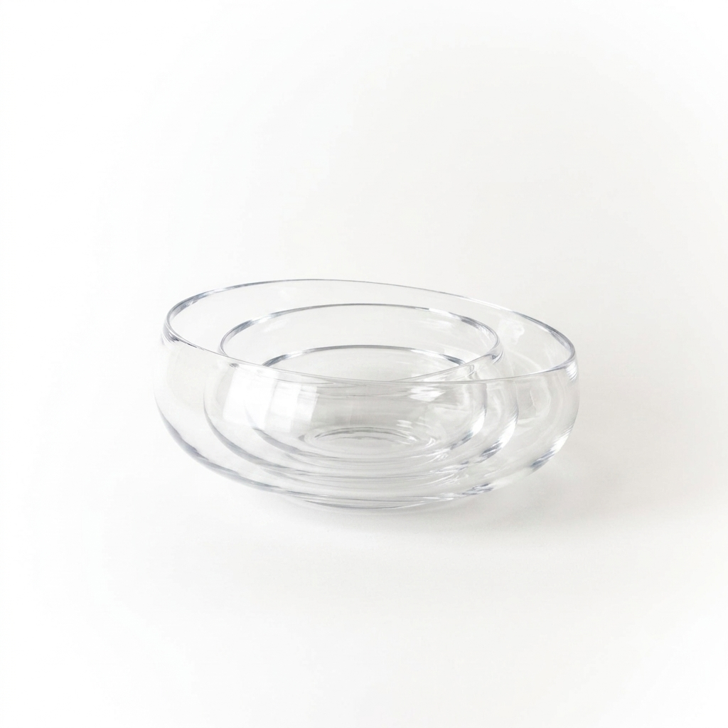 The Gary Bodker Nesting Bowl Collection Clear features three hand-blown clear bowls, elegantly nested together on a white surface with a minimalist background.