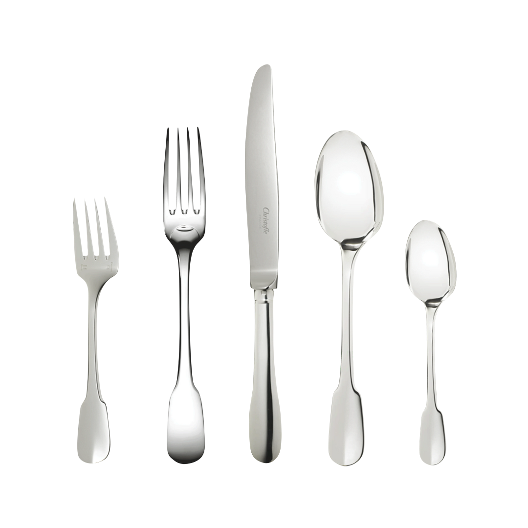 The Christofle Cluny Flatware 5 Piece Setting in silver plate features a salad fork, dinner fork, dinner knife, tablespoon, and teaspoon in the elegant Louis XIII style, displayed on a white background.