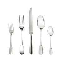 The Christofle Cluny Flatware 5 Piece Setting in silver plate features a salad fork, dinner fork, dinner knife, tablespoon, and teaspoon in the elegant Louis XIII style, displayed on a white background.