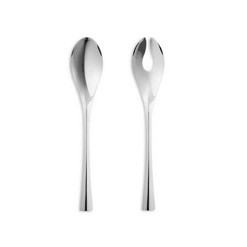 The Georg Jensen Cobra Salad Server Set features two shiny, dishwasher safe stainless steel utensils—a solid spoon on the left and a matching slotted serving fork on the right—both with long handles, displayed against a white background.