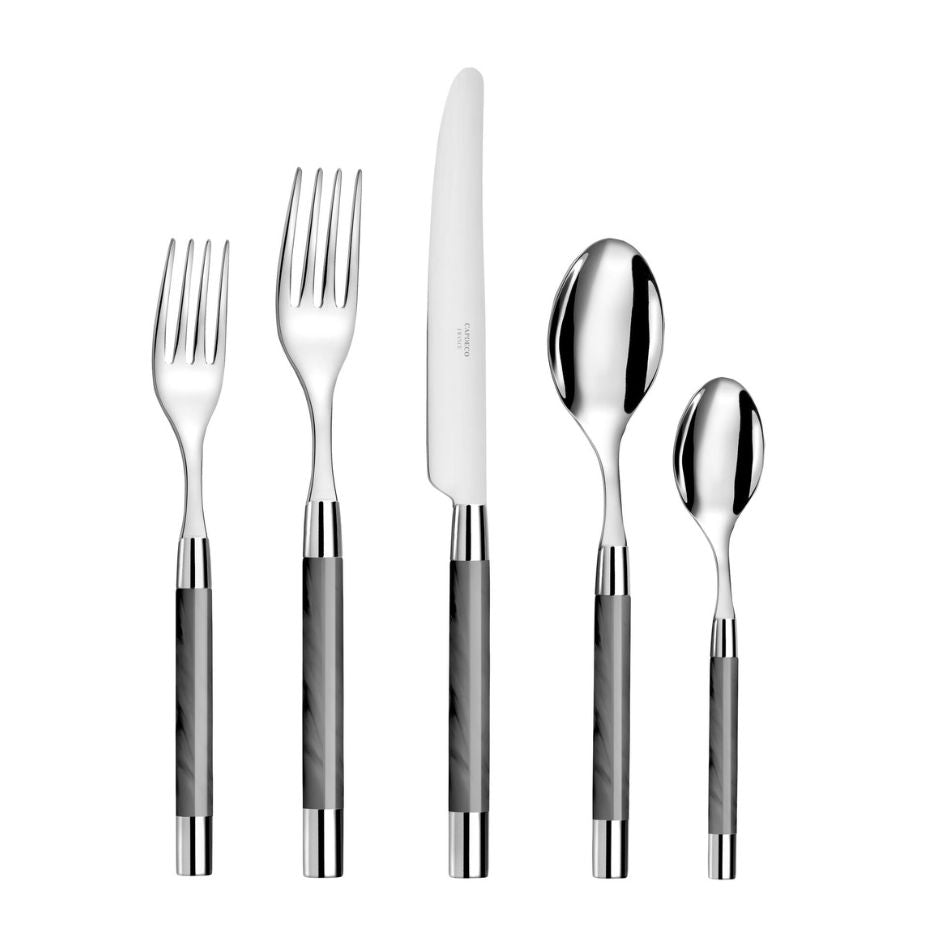 The Capdeco Conty Flatware 5 Piece Setting - Grey features two forks, a knife, a tablespoon, and a teaspoon with stainless steel tops and stylish grey, marble-patterned handles, displayed upright on a white background.