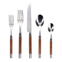 The Capdeco Conty Flatware 5 Piece Setting in Brown Wood features 18/10 stainless steel heads and wooden handles—salad fork, dinner fork, dinner knife, soup spoon, and teaspoon—shown upright in a row on a white background.