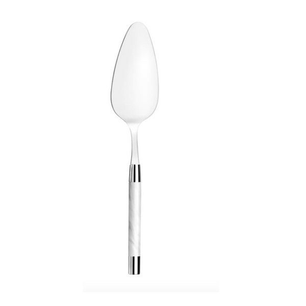 The Capdeco Conty Pastry Server White features a wide, flat, triangular blade and a smooth white handle with silver accents, crafted from durable 18/10 stainless steel.