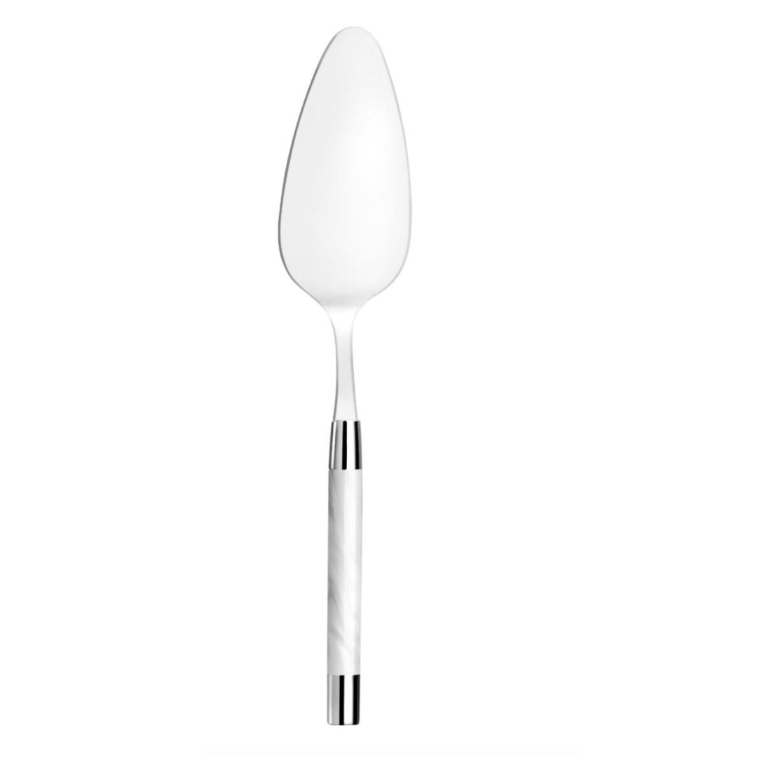 The Conty Pastry Server White by Capdeco features a pointed, shiny 18/10 stainless steel blade and a white handle with silver accents, shown against a white background.