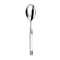 The Capdeco Conty Serving Spoon White, made in France from 18/10 stainless steel, features a polished finish and a white handle with silver accents, shown centered on a plain white background.
