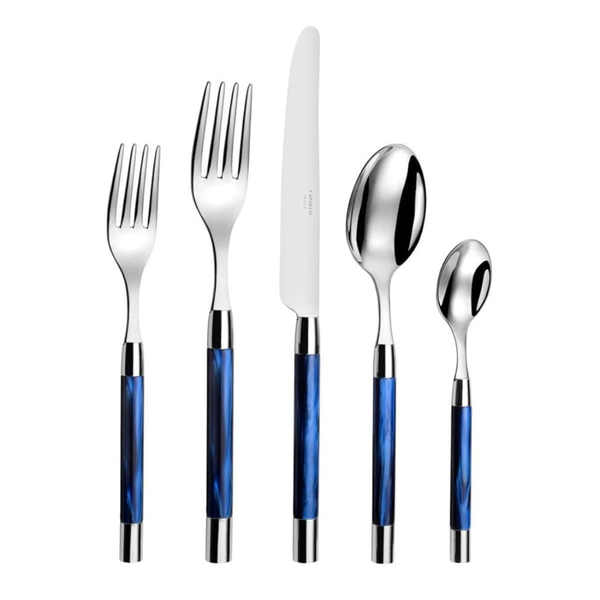 The Capdeco Conty Flatware 5 Piece Setting features two forks, a knife, a soup spoon, and a teaspoon with shiny silver heads and blue handles, arranged upright in a row on a white background.