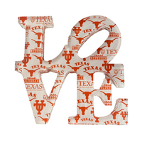 The Eye Candy College Love Sculpture features Texas Longhorns logos and burnt orange longhorn silhouettes on a crisp white background—perfect as a college-themed decor piece or unique graduation gift.