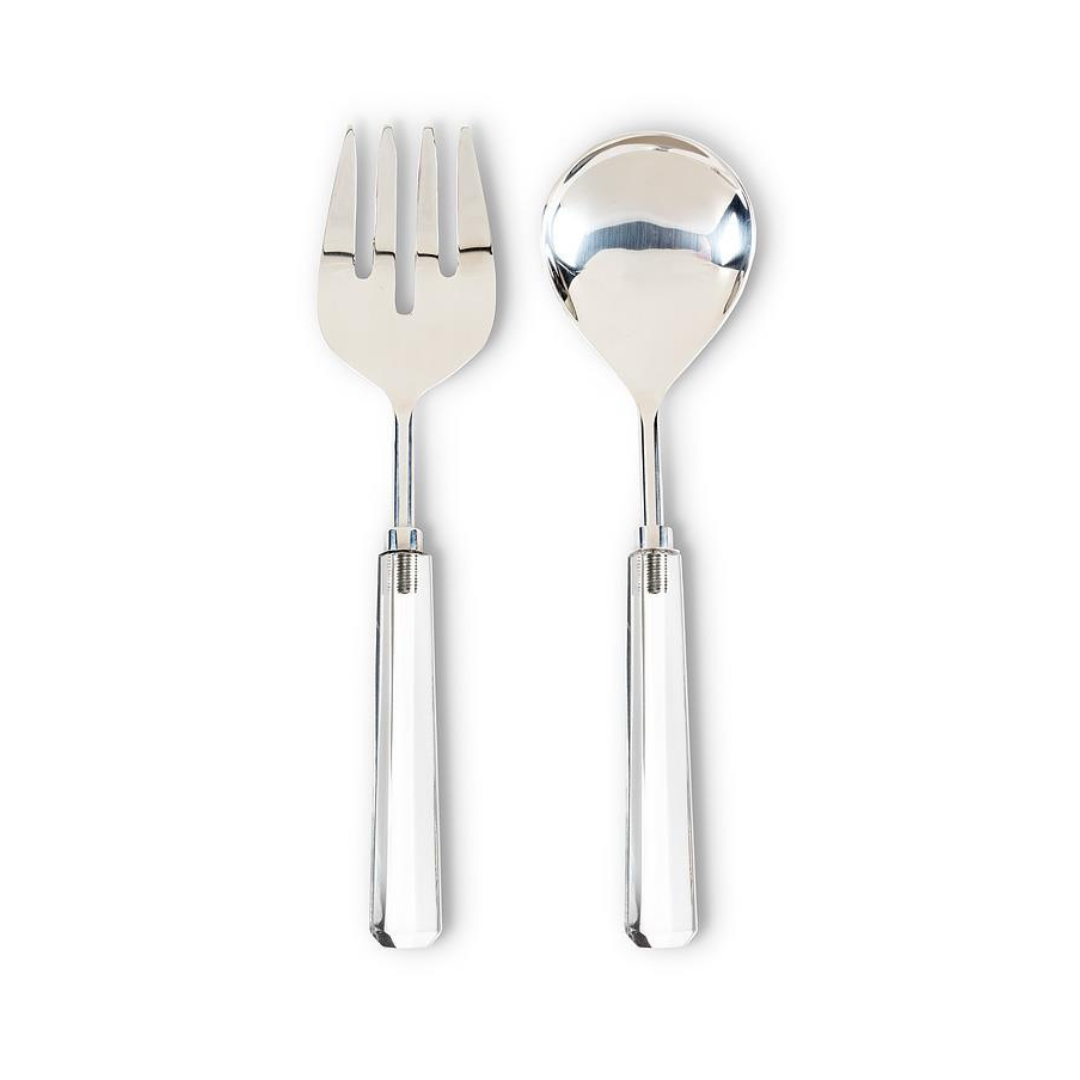 The Abbott Collection Crystal Handle Salad Server Set features a shiny stainless steel fork and spoon with thick, reflective acrylic handles, placed side by side on a white background to highlight their food-safe quality.