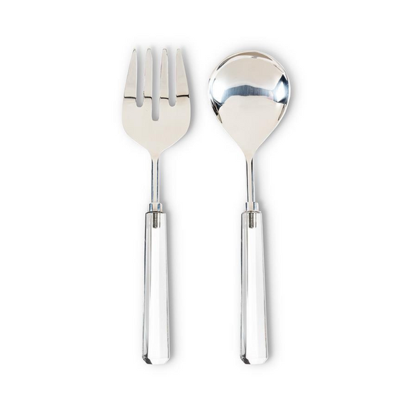 The Abbott Collection Crystal Handle Salad Server Set features a shiny stainless steel fork and spoon with thick, reflective acrylic handles, placed side by side on a white background to highlight their food-safe quality.