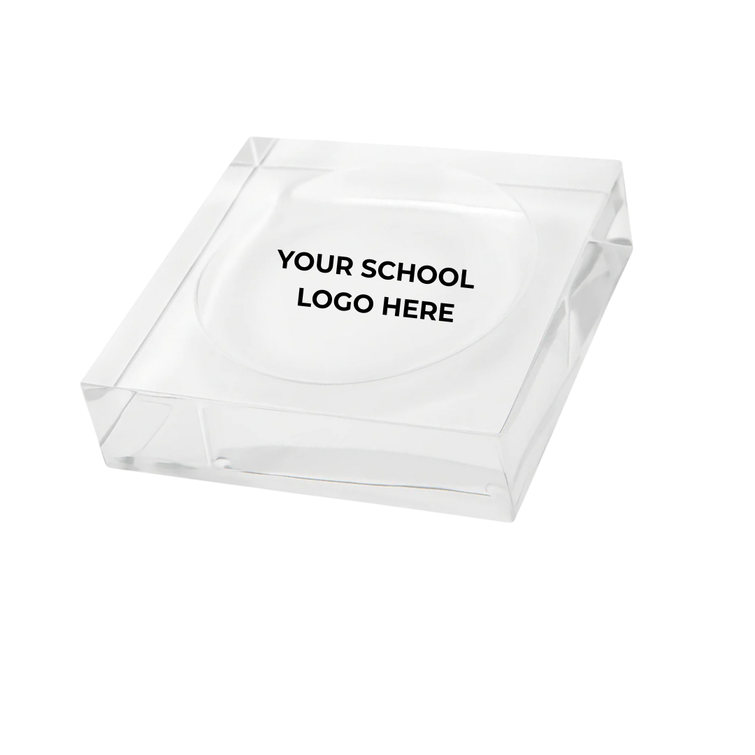 The Eye Candy College Sundry Jewelry/Catchall Dish is a clear, rectangular glass tray with “YOUR SCHOOL LOGO HERE” in black—perfect as a college gift or sleek custom desk accessory.