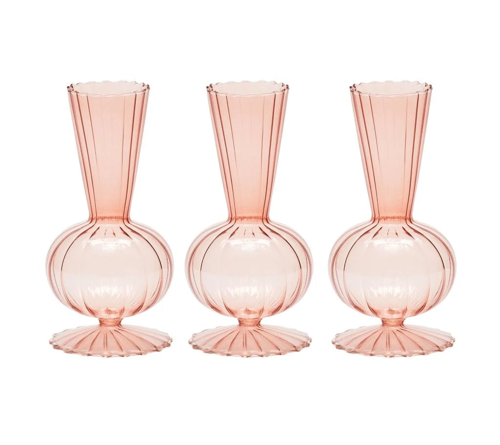 Three hand-blown glass Tess Bud Vase Set of 3 - Blush vases in light pink with round bodies, narrow necks, and flared scalloped rims.