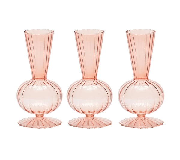 Three hand-blown glass Tess Bud Vase Set of 3 - Blush vases in light pink with round bodies, narrow necks, and flared scalloped rims.