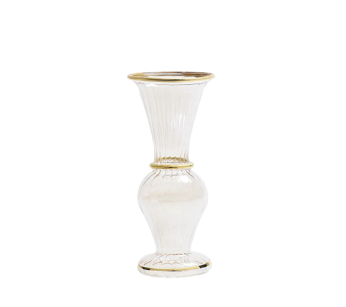 The Kim Seybert Clear Rib Gold Detail Trumpet Vase features fluted sides, a wide top and base, and elegant 18K gold accents on the rim, center, and bottom.
