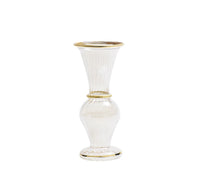 The Kim Seybert Clear Rib Gold Detail Trumpet Vase features fluted sides, a wide top and base, and elegant 18K gold accents on the rim, center, and bottom.