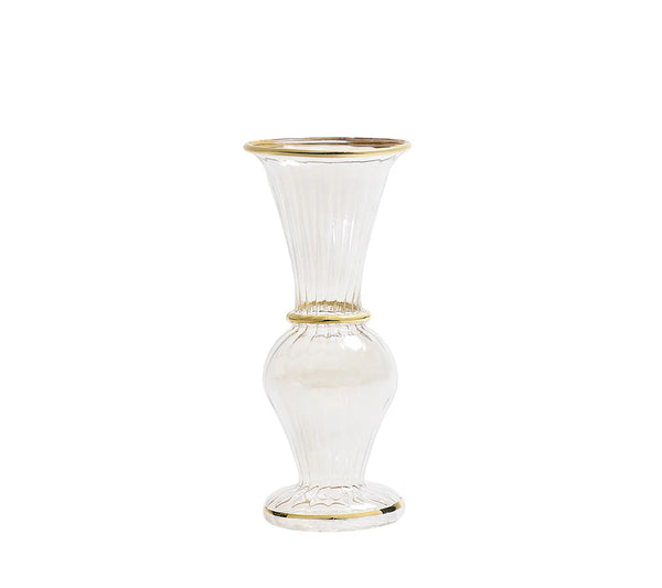 The Kim Seybert Clear Rib Gold Detail Trumpet Vase features fluted sides, a wide top and base, and elegant 18K gold accents on the rim, center, and bottom.