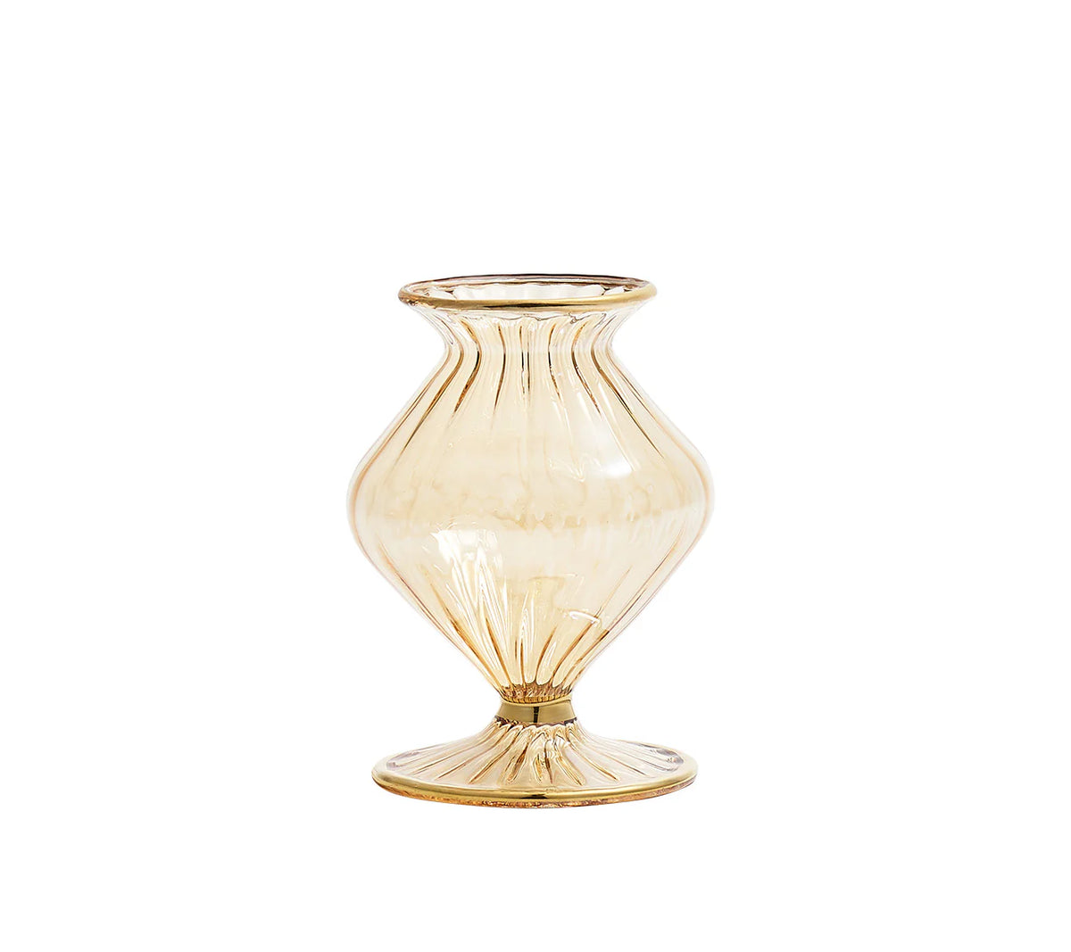 The Kim Seybert Champagne Rib Gold Detail Vase is a translucent, amber mouth-blown glass piece with iridescent luster, flared lip, ribbed texture, and wide round base. Its curvy hourglass silhouette stands out against a plain white background.