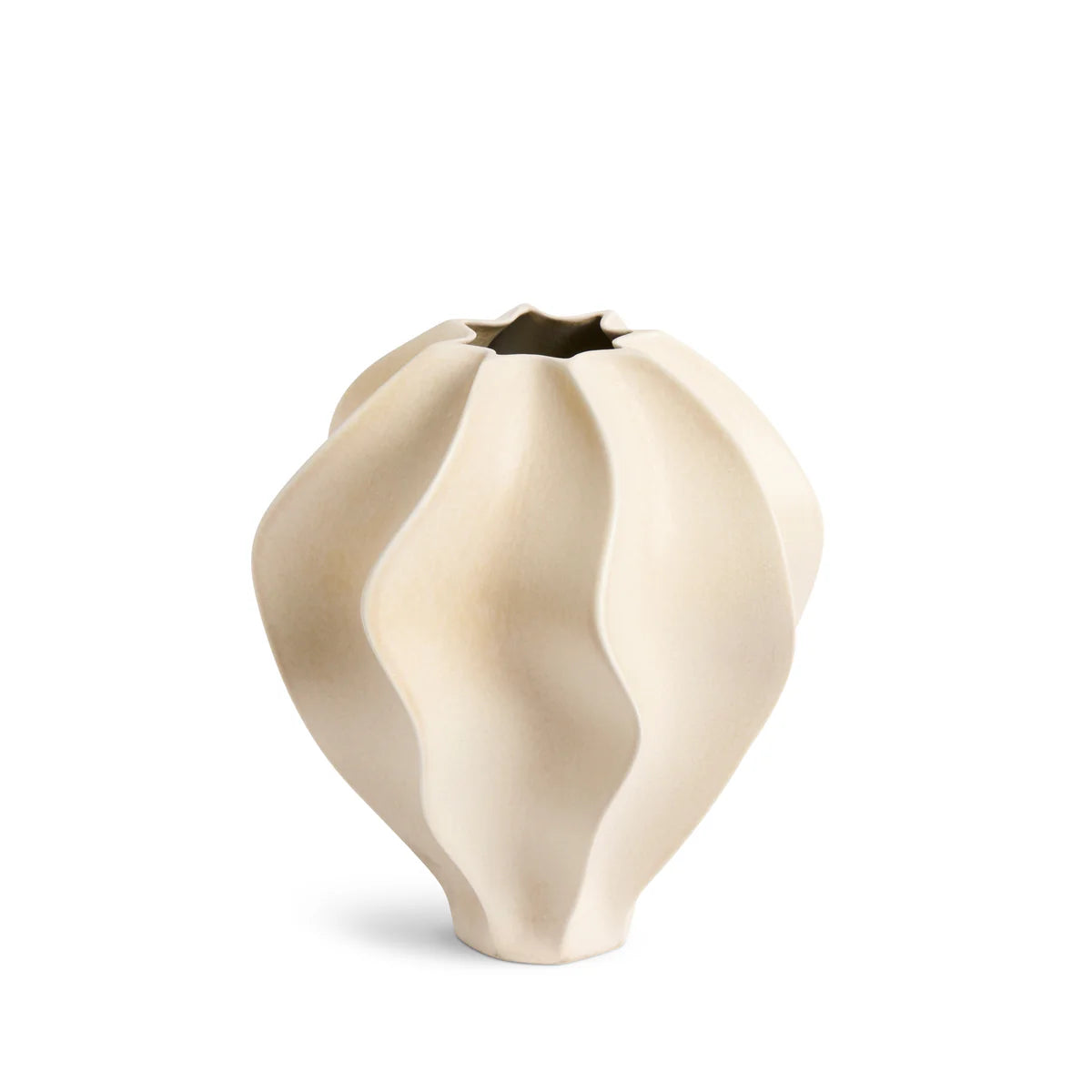 The Douro Vase Oat - Medium by L'Objet features a cream hue, wavy sculptural design, and small top opening—ideal as a porcelain vase or an elegant touch to any luxury gift box.