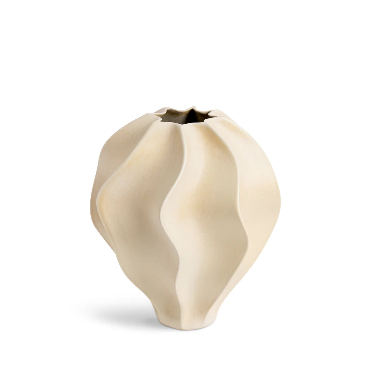 The Douro Vase Oat - Medium by L'Objet features a matte beige porcelain finish and an organic, sculptural shape with a slightly irregular rim. Set against a white background, it’s an artistic accent for any modern space.