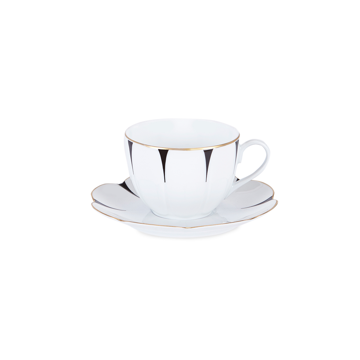 The Drops Dinnerware by Molecot features a white porcelain teacup and saucer with black abstract patterns and a gold edge, paired with a flower-shaped plate, all displayed on a white background.
