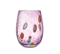 The Kim Seybert Gala Stemless Tumbler Set of 4 features clear tumblers accented with a subtle pink hue, adorned with vibrant circular patterns in red, blue, orange, and yellow scattered across their surfaces, evoking the lively artistry of Murano Glass.