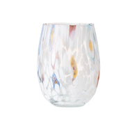 The Kim Seybert Gala Stemless Tumbler Set 4 features clear Murano glass tumblers with a rounded shape, adorned with white spots and vibrant streaks of blue, red, orange, and yellow. Set against a plain white background, these tumblers highlight the exquisite artistry of colorful glass design.