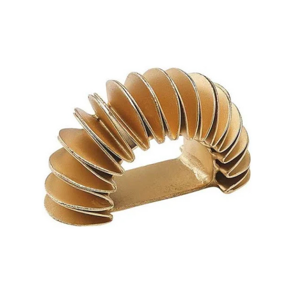A set of four Demilune Napkin Rings in gold by Kim Seybert features wavy, rippled edges and a sculptural design, each piece curved into a semi-circle and shown against a white background.