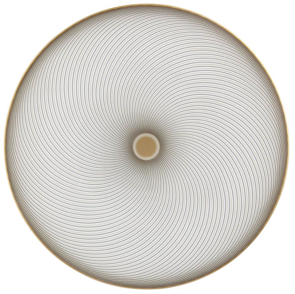 A circular geometric design of thin, evenly spaced spirals radiates from a central beige point, creating a hypnotic optical illusion within a gold-rimmed border—an effect inspired by Raynaud’s Oskar Dinnerware.