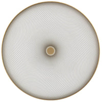 A circular geometric design of thin, evenly spaced spirals radiates from a central beige point, creating a hypnotic optical illusion within a gold-rimmed border—an effect inspired by Raynaud’s Oskar Dinnerware.